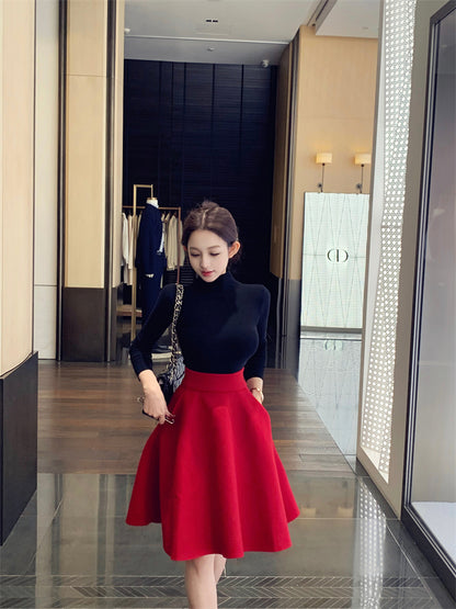 Elegant Red & Black 2-Piece Set A-Line Mini Skirt Chic Fitted Blouse High Collar Long Sleeve Short Dress AP3756