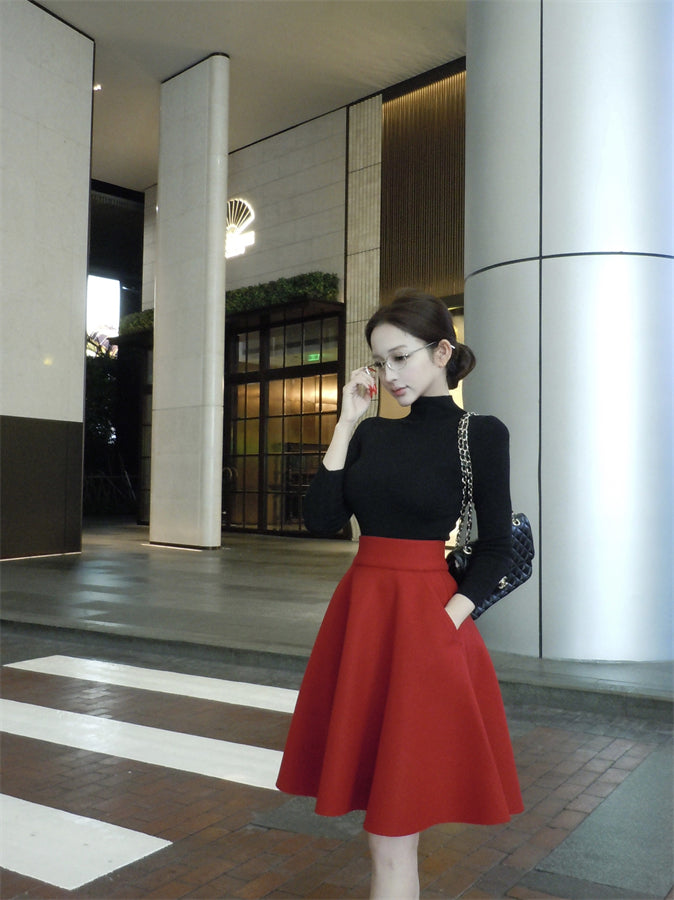 Elegant Red & Black 2-Piece Set A-Line Mini Skirt Chic Fitted Blouse High Collar Long Sleeve Short Dress AP3756