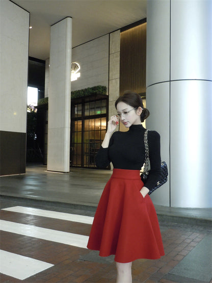 Elegant Red & Black 2-Piece Set A-Line Mini Skirt Chic Fitted Blouse High Collar Long Sleeve Short Dress AP3756