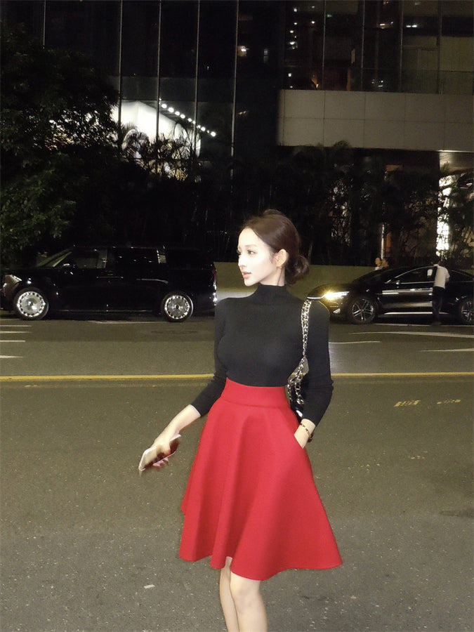 Elegant Red & Black 2-Piece Set A-Line Mini Skirt Chic Fitted Blouse High Collar Long Sleeve Short Dress AP3756