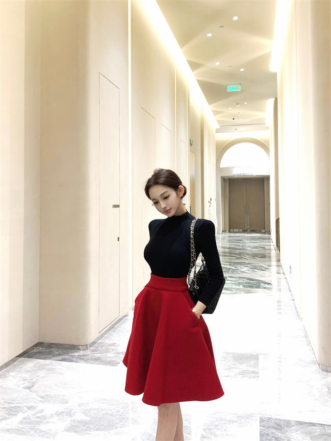 Elegant Red & Black 2-Piece Set A-Line Mini Skirt Chic Fitted Blouse High Collar Long Sleeve Short Dress AP3756