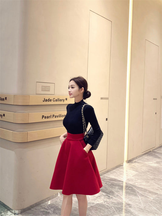 Elegant Red & Black 2-Piece Set A-Line Mini Skirt Chic Fitted Blouse High Collar Long Sleeve Short Dress AP3756