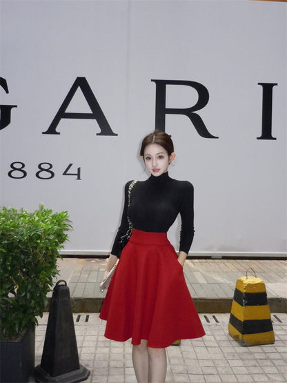 Elegant Red & Black 2-Piece Set A-Line Mini Skirt Chic Fitted Blouse High Collar Long Sleeve Short Dress AP3756