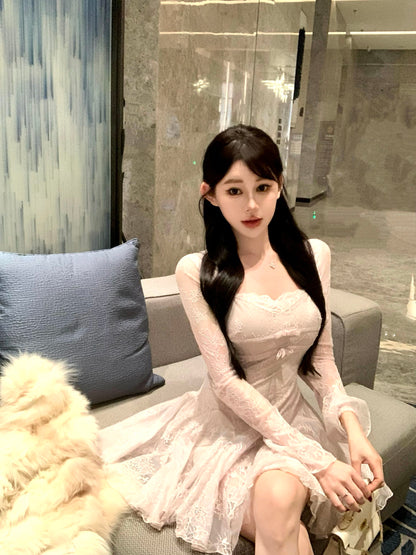 Classical Sheer Lace Splicing A-Line Mini Skirt Romantic Square Neck Bows Long Sleeve Short Dress AP3757
