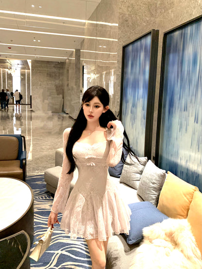 Classical Sheer Lace Splicing A-Line Mini Skirt Romantic Square Neck Bows Long Sleeve Short Dress AP3757