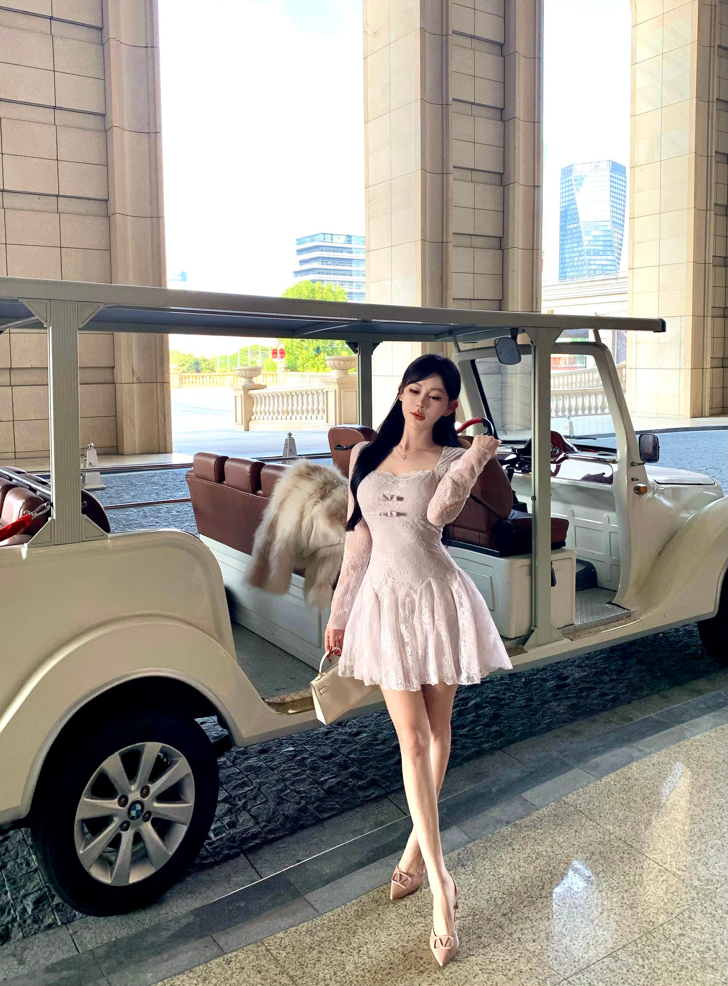 Classical Sheer Lace Splicing A-Line Mini Skirt Romantic Square Neck Bows Long Sleeve Short Dress AP3757