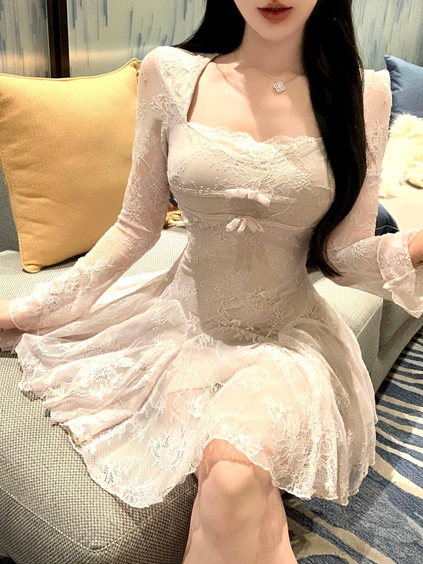 Classical Sheer Lace Splicing A-Line Mini Skirt Romantic Square Neck Bows Long Sleeve Short Dress AP3757