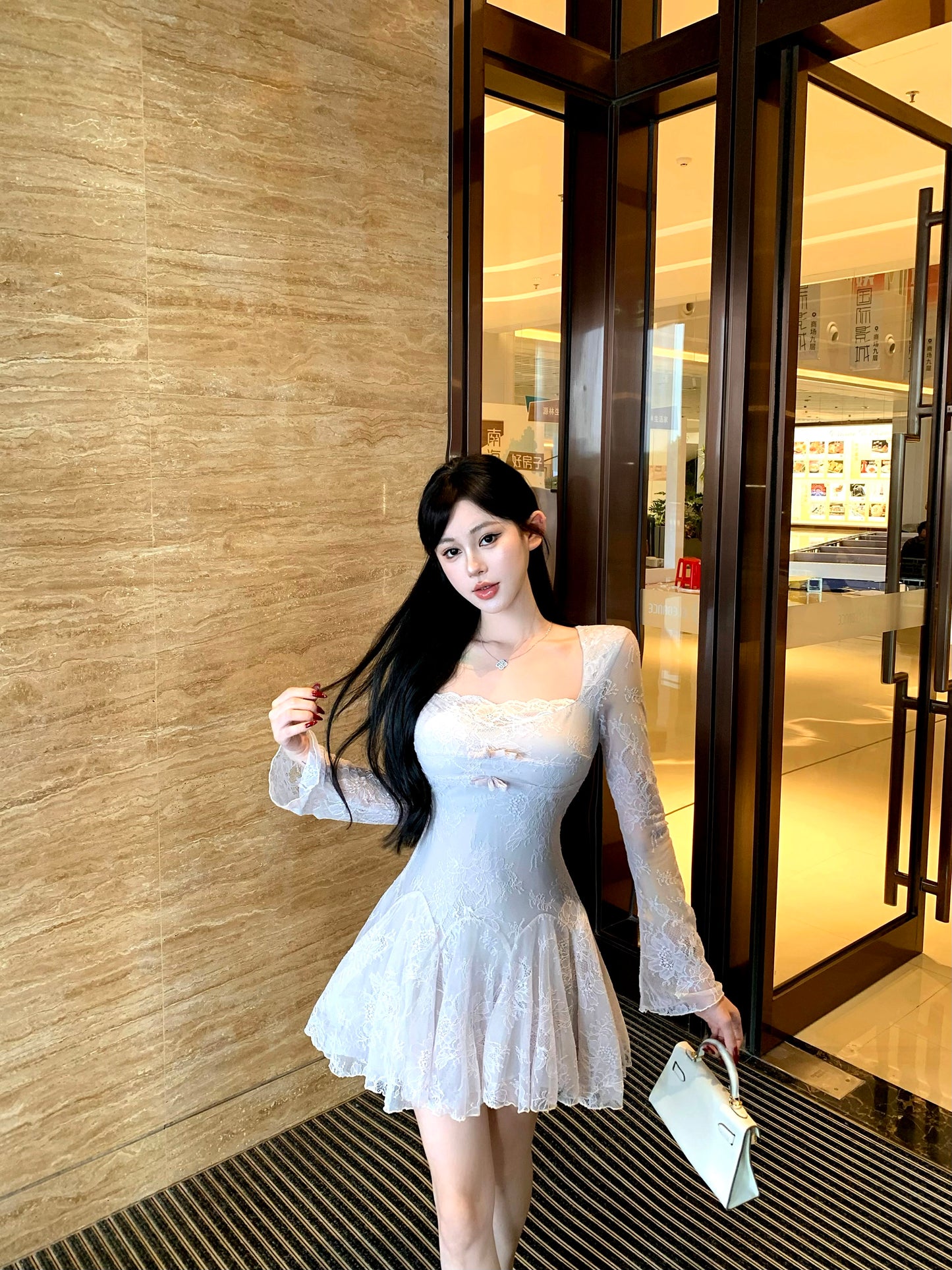 Classical Sheer Lace Splicing A-Line Mini Skirt Romantic Square Neck Bows Long Sleeve Short Dress AP3757