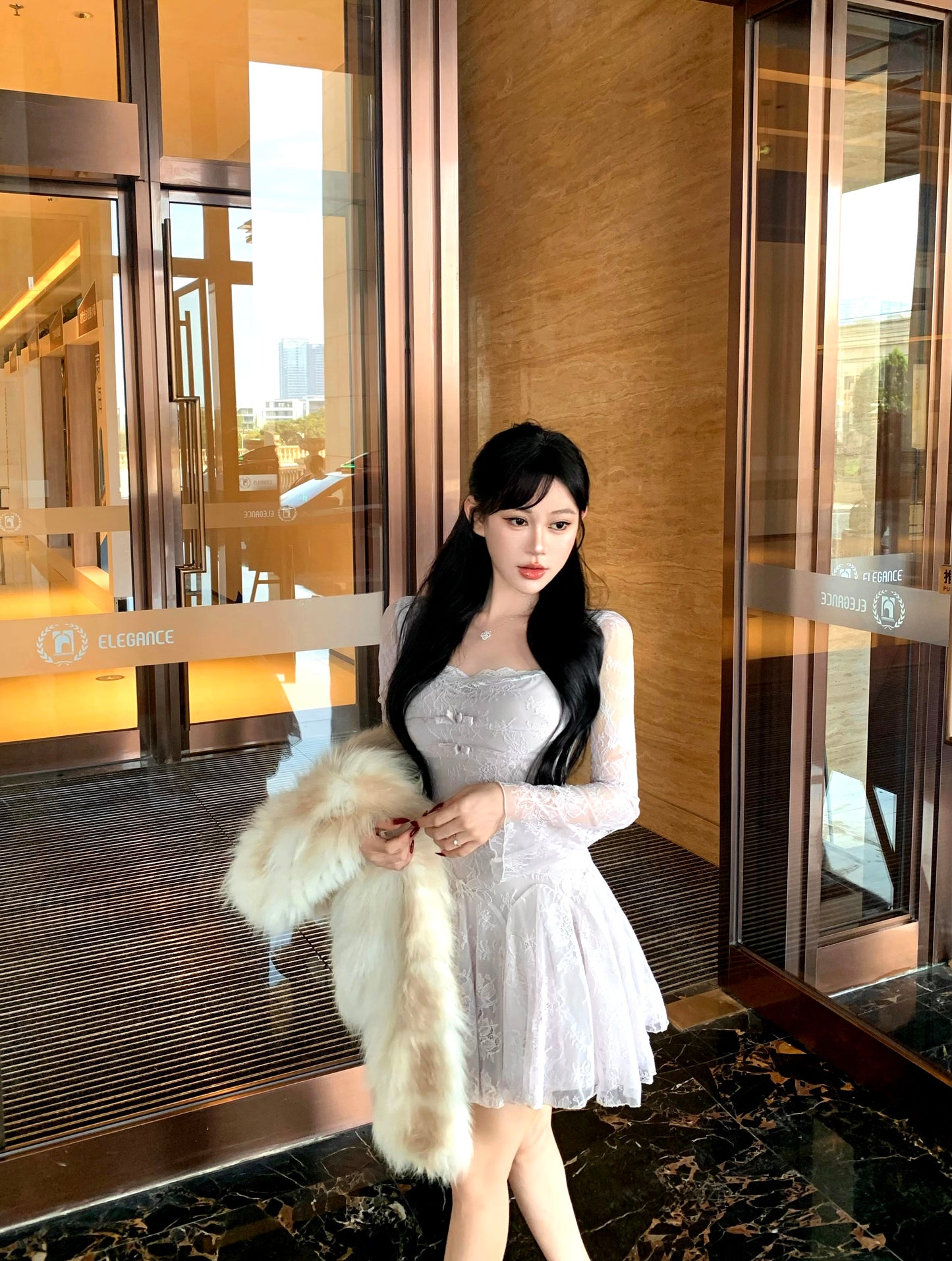 Classical Sheer Lace Splicing A-Line Mini Skirt Romantic Square Neck Bows Long Sleeve Short Dress AP3757