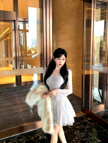 Classical Sheer Lace Splicing A-Line Mini Skirt Romantic Square Neck Bows Long Sleeve Short Dress AP3757