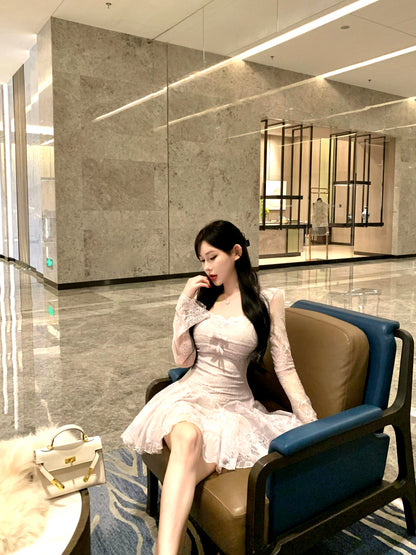 Classical Sheer Lace Splicing A-Line Mini Skirt Romantic Square Neck Bows Long Sleeve Short Dress AP3757