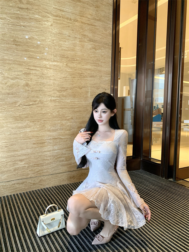 Classical Sheer Lace Splicing A-Line Mini Skirt Romantic Square Neck Bows Long Sleeve Short Dress AP3757