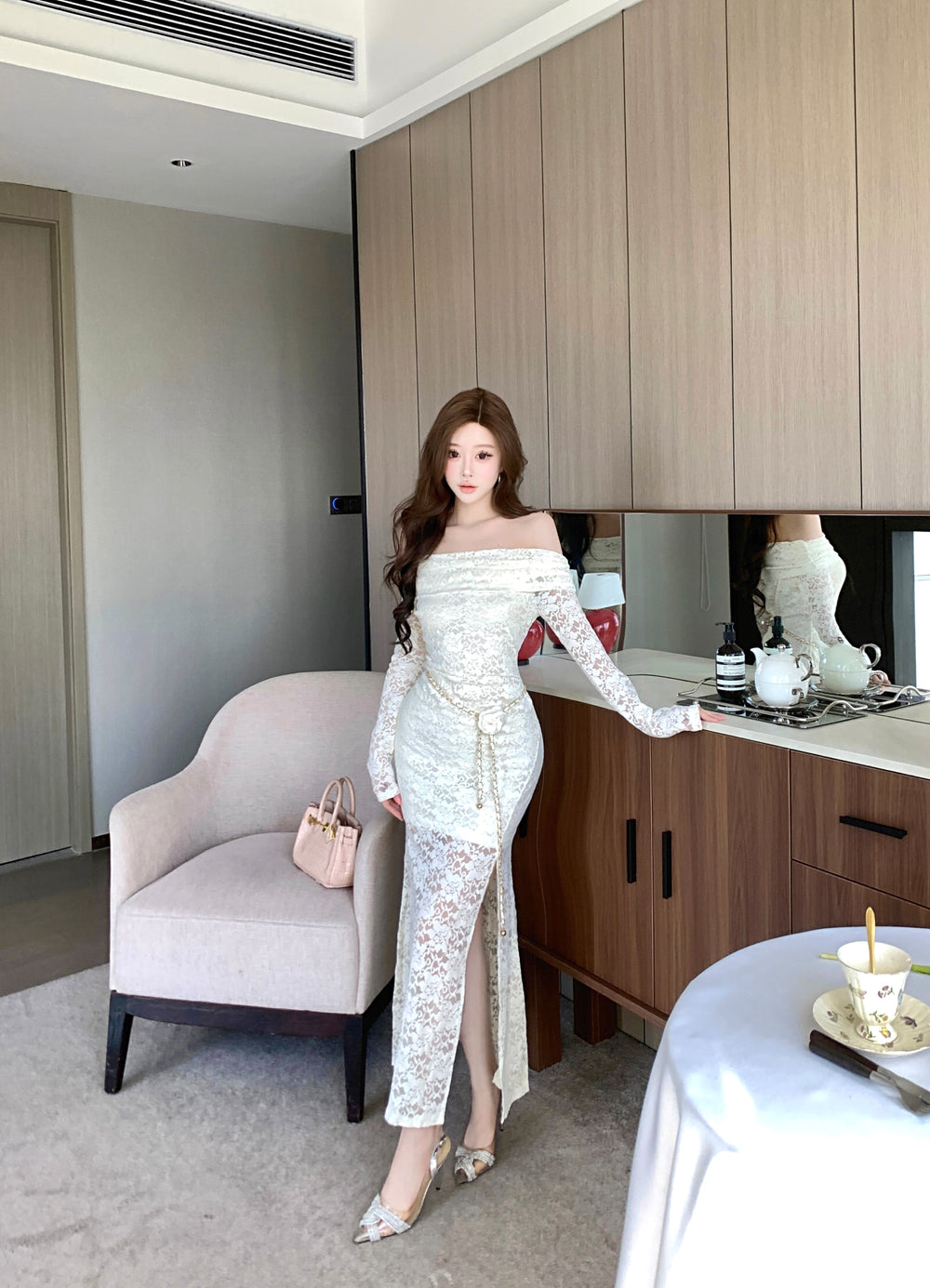 Fantastic Off-Shoulder Long Sleeve Evening Maxi Dress Glam Lace Splicing Sheath Slit Long Dress AP3758
