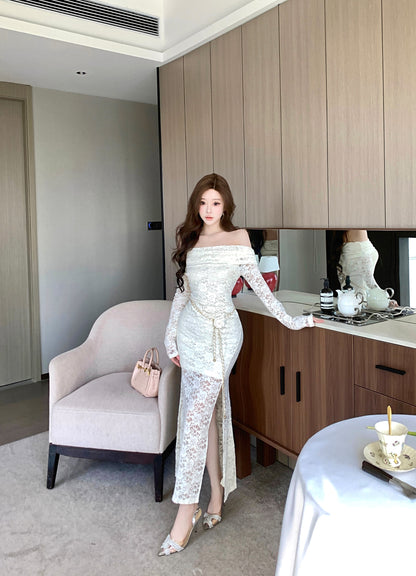 Fantastic Off-Shoulder Long Sleeve Evening Maxi Dress Glam Lace Splicing Sheath Slit Long Dress AP3758