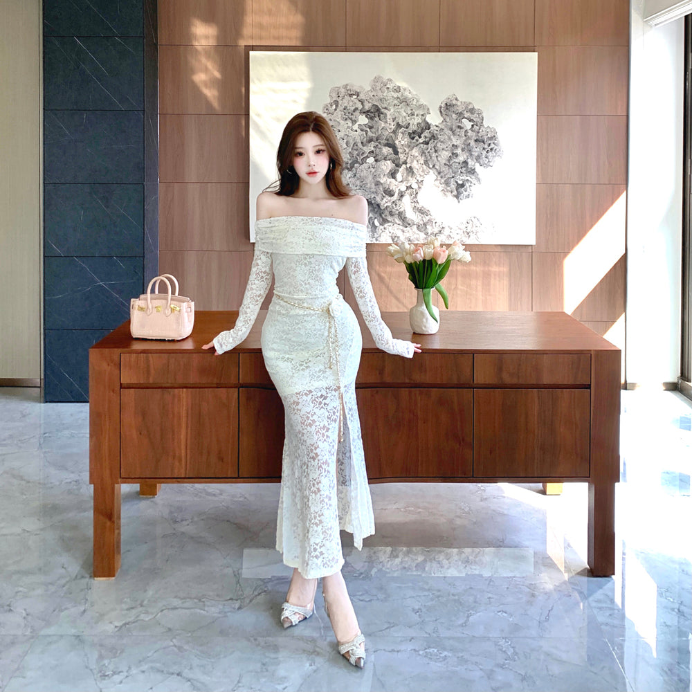 Fantastic Off-Shoulder Long Sleeve Evening Maxi Dress Glam Lace Splicing Sheath Slit Long Dress AP3758