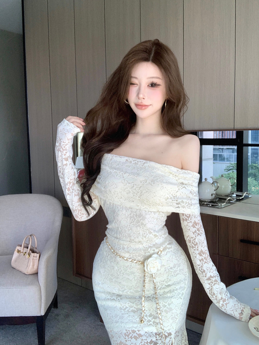 Fantastic Off-Shoulder Long Sleeve Evening Maxi Dress Glam Lace Splicing Sheath Slit Long Dress AP3758