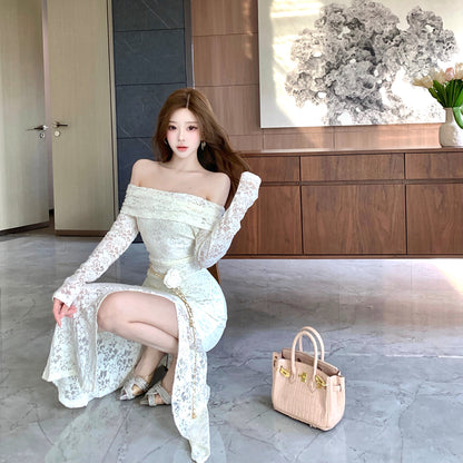 Fantastic Off-Shoulder Long Sleeve Evening Maxi Dress Glam Lace Splicing Sheath Slit Long Dress AP3758