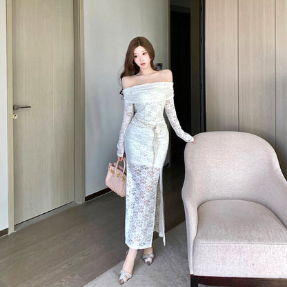 Fantastic Off-Shoulder Long Sleeve Evening Maxi Dress Glam Lace Splicing Sheath Slit Long Dress AP3758