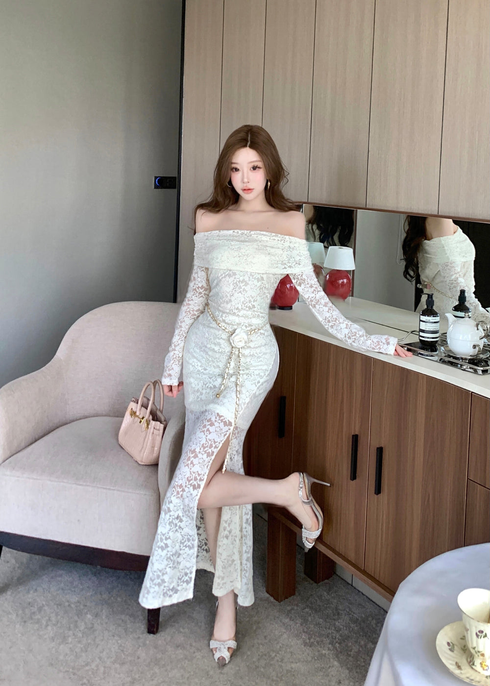 Fantastic Off-Shoulder Long Sleeve Evening Maxi Dress Glam Lace Splicing Sheath Slit Long Dress AP3758