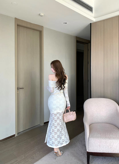 Fantastic Off-Shoulder Long Sleeve Evening Maxi Dress Glam Lace Splicing Sheath Slit Long Dress AP3758