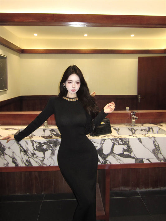 Sweet Jewel Neck Crystals Trim Black Maxi Dress Fantastic Long Sleeve Sheath Evening Long Dress AP3759