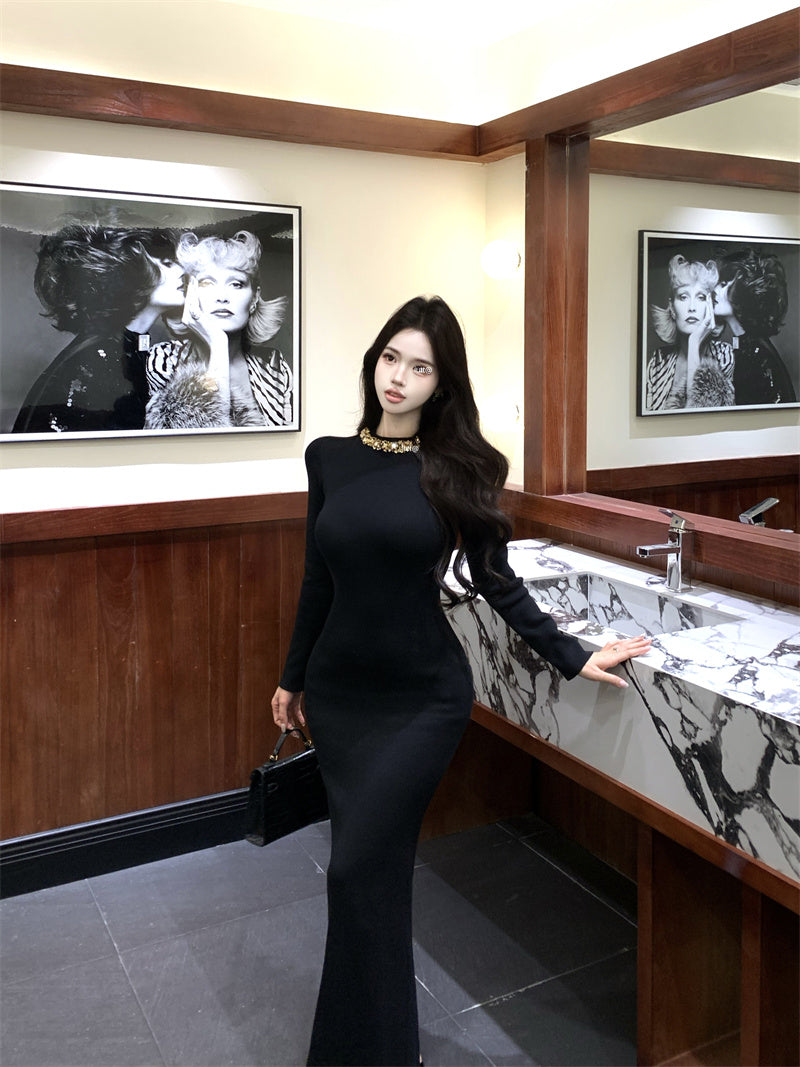 Sweet Jewel Neck Crystals Trim Black Maxi Dress Fantastic Long Sleeve Sheath Evening Long Dress AP3759