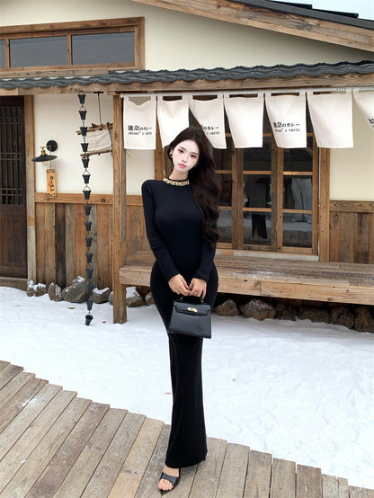 Sweet Jewel Neck Crystals Trim Black Maxi Dress Fantastic Long Sleeve Sheath Evening Long Dress AP3759