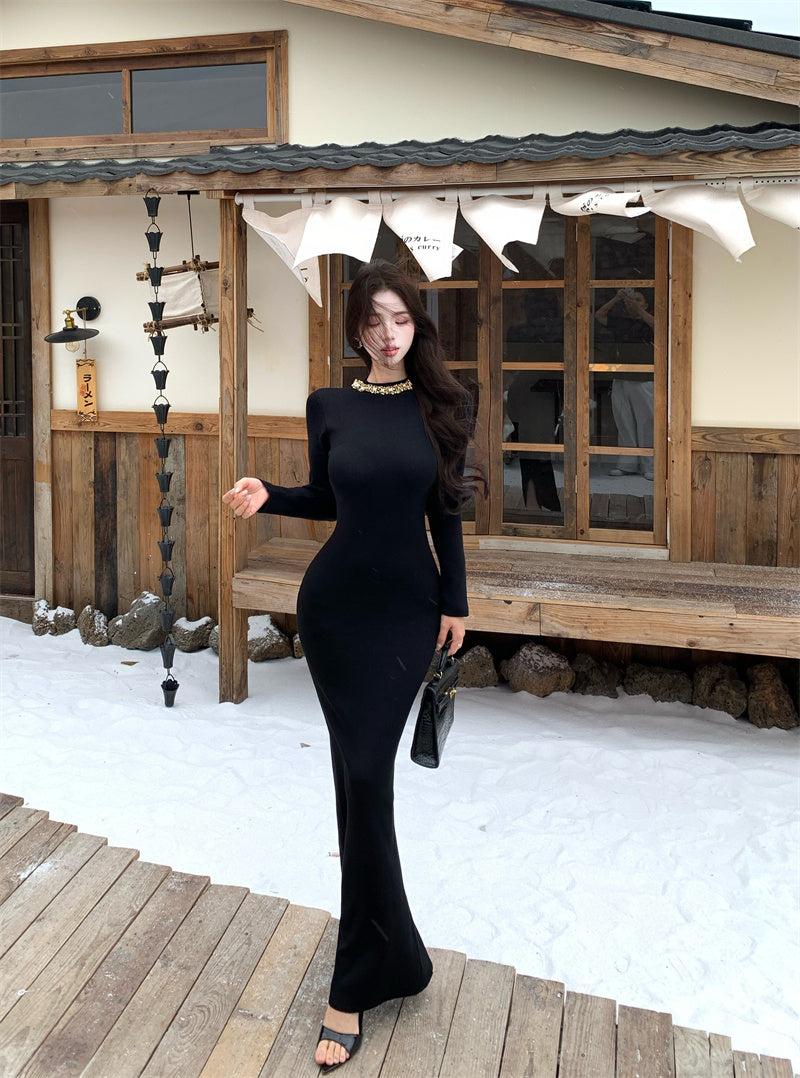 Sweet Jewel Neck Crystals Trim Black Maxi Dress Fantastic Long Sleeve Sheath Evening Long Dress AP3759