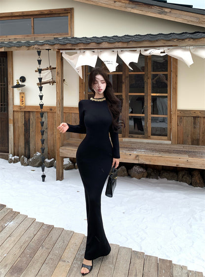 Sweet Jewel Neck Crystals Trim Black Maxi Dress Fantastic Long Sleeve Sheath Evening Long Dress AP3759