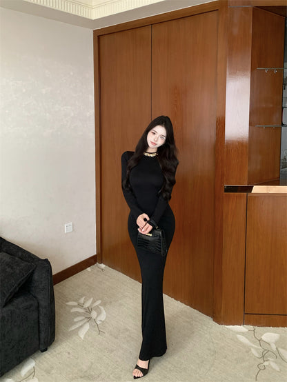 Sweet Jewel Neck Crystals Trim Black Maxi Dress Fantastic Long Sleeve Sheath Evening Long Dress AP3759