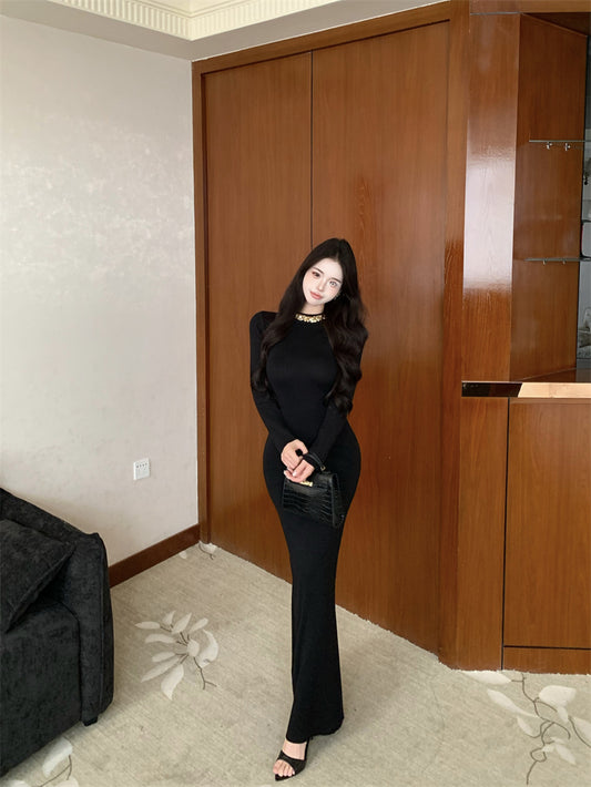 Sweet Jewel Neck Crystals Trim Black Maxi Dress Fantastic Long Sleeve Sheath Evening Long Dress AP3759