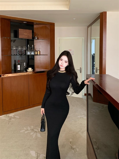 Sweet Jewel Neck Crystals Trim Black Maxi Dress Fantastic Long Sleeve Sheath Evening Long Dress AP3759