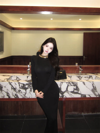 Sweet Jewel Neck Crystals Trim Black Maxi Dress Fantastic Long Sleeve Sheath Evening Long Dress AP3759