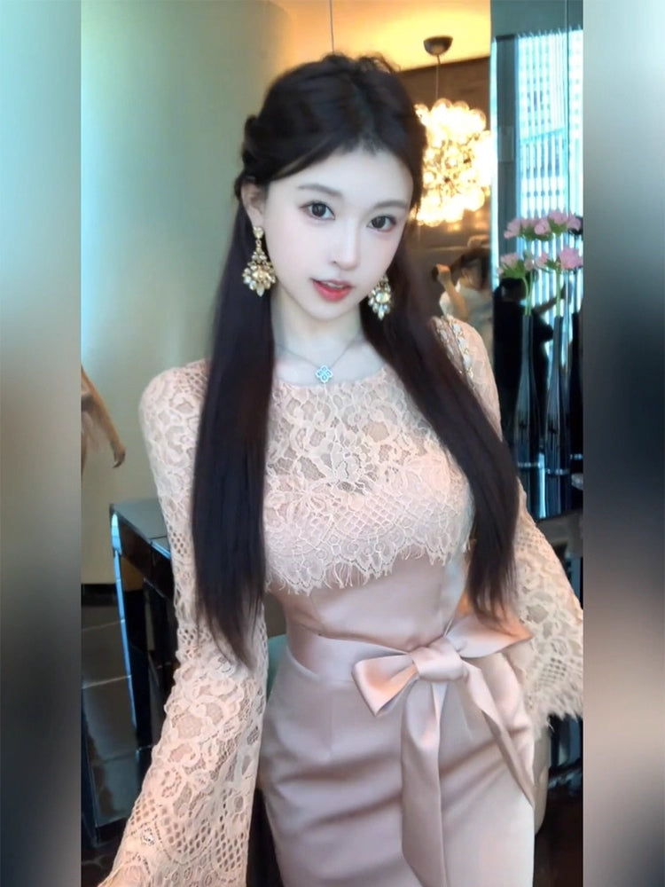 Cute Sheath Lace Trim Jewel Neck Slit Midi Skirt Unique Long Sleeve Cinched-Waist Evening Long Dress AP3760