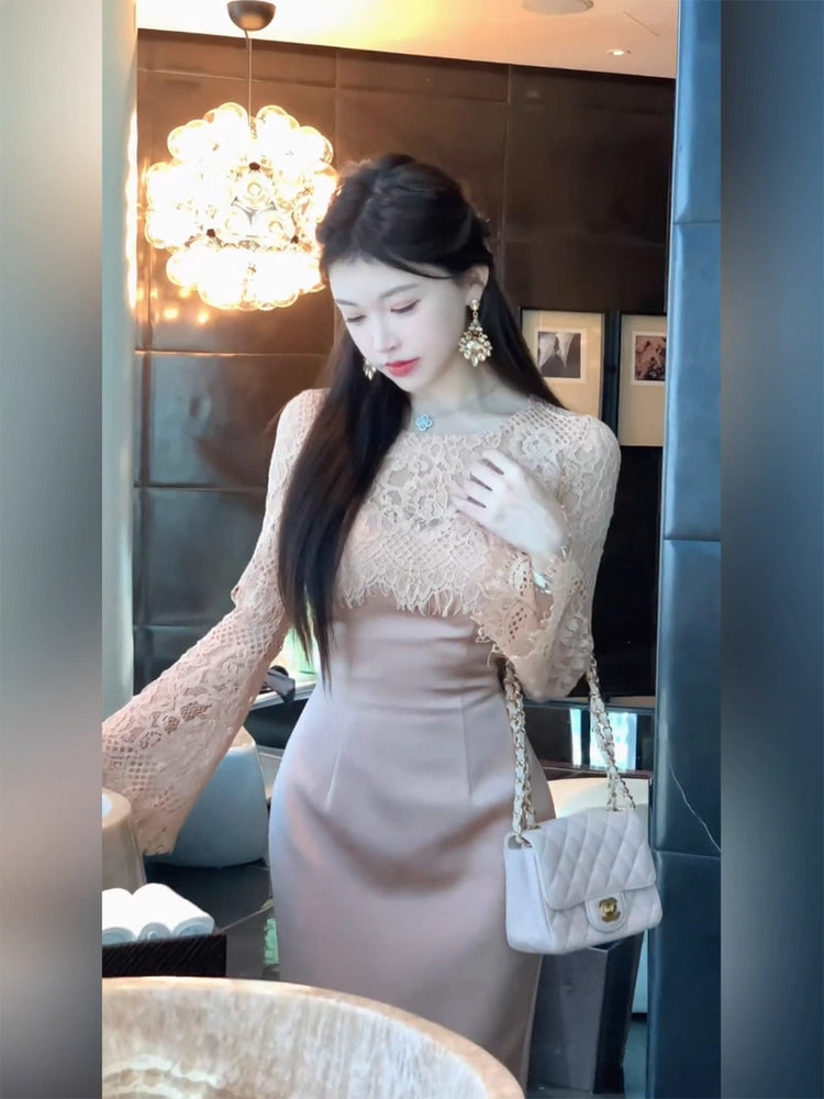 Cute Sheath Lace Trim Jewel Neck Slit Midi Skirt Unique Long Sleeve Cinched-Waist Evening Long Dress AP3760