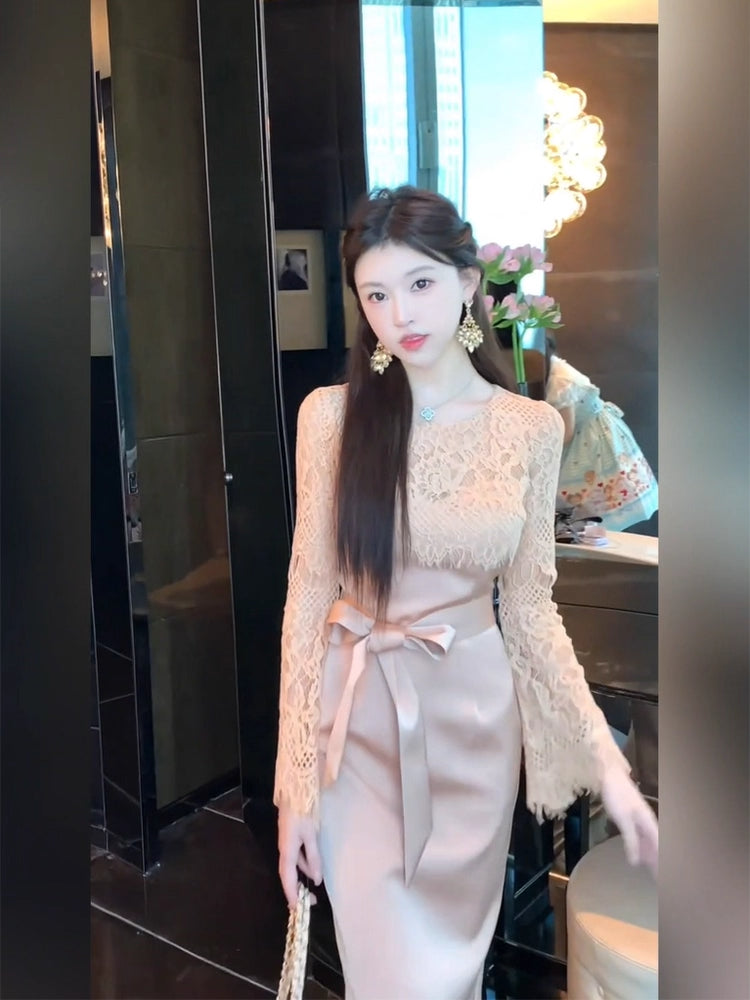 Cute Sheath Lace Trim Jewel Neck Slit Midi Skirt Unique Long Sleeve Cinched-Waist Evening Long Dress AP3760