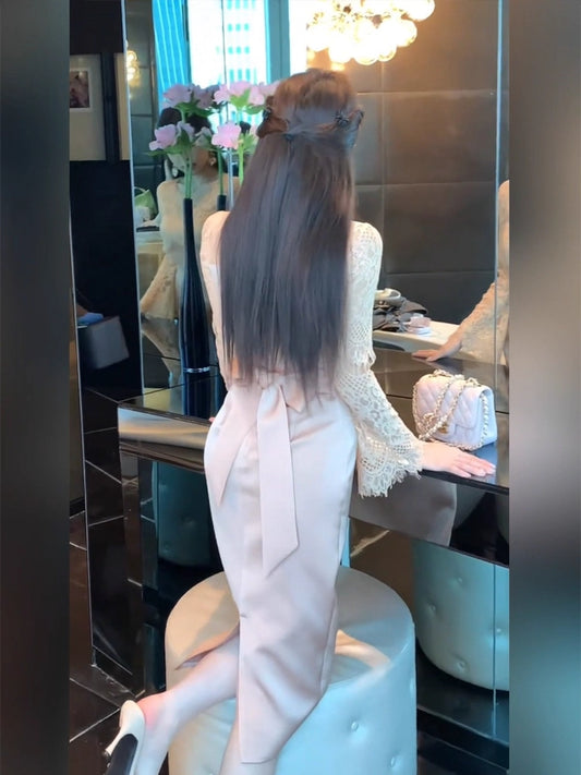 Cute Sheath Lace Trim Jewel Neck Slit Midi Skirt Unique Long Sleeve Cinched-Waist Evening Long Dress AP3760