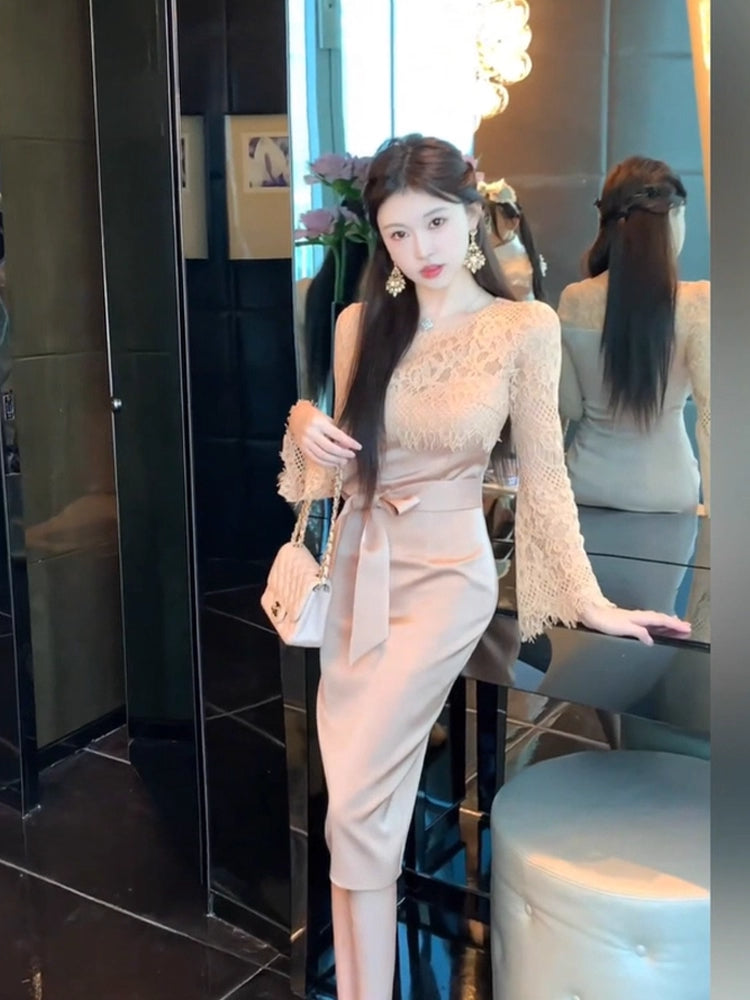 Cute Sheath Lace Trim Jewel Neck Slit Midi Skirt Unique Long Sleeve Cinched-Waist Evening Long Dress AP3760