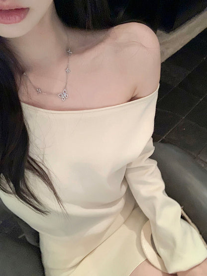 Vintage Long Sleeve Sheath Mini Skirt Hottie Outfit Asymmetric Neckline Flexible Knitted Short Dress AP3761