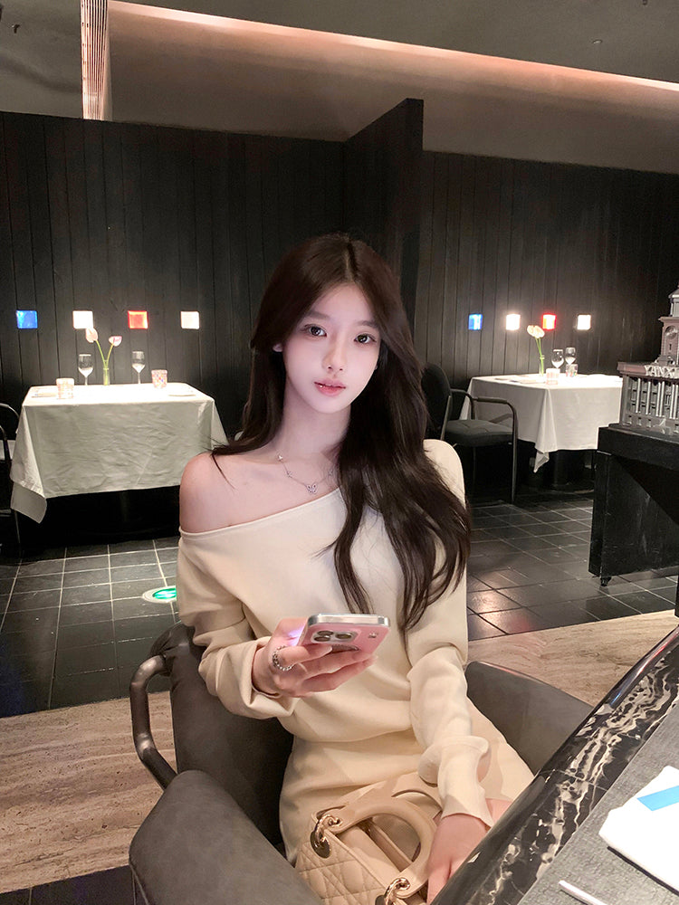 Vintage Long Sleeve Sheath Mini Skirt Hottie Outfit Asymmetric Neckline Flexible Knitted Short Dress AP3761