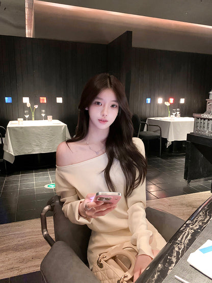 Vintage Long Sleeve Sheath Mini Skirt Hottie Outfit Asymmetric Neckline Flexible Knitted Short Dress AP3761