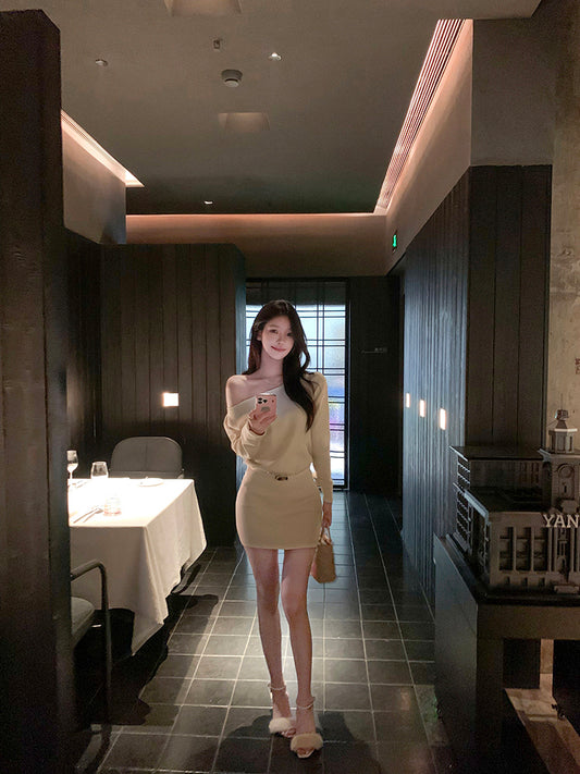 Vintage Long Sleeve Sheath Mini Skirt Hottie Outfit Asymmetric Neckline Flexible Knitted Short Dress AP3761