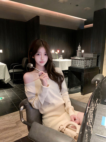 Vintage Long Sleeve Sheath Mini Skirt Hottie Outfit Asymmetric Neckline Flexible Knitted Short Dress AP3761