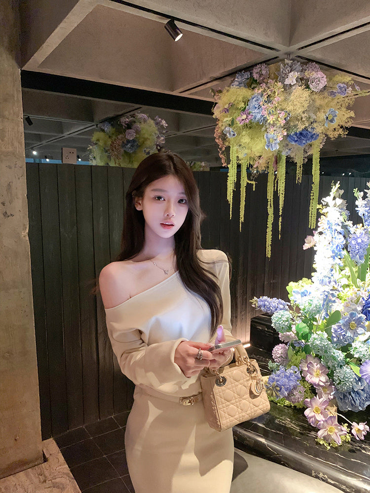 Vintage Long Sleeve Sheath Mini Skirt Hottie Outfit Asymmetric Neckline Flexible Knitted Short Dress AP3761