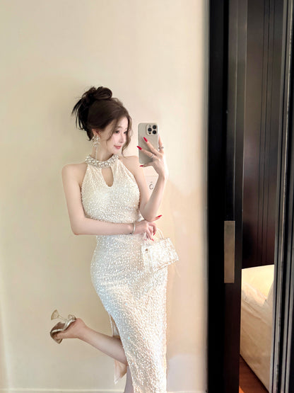 Artistic Sheath Sparkly Sequins Design Evening Maxi Dress Attractive Side Slit Cutout Halter Long Dress AP3762