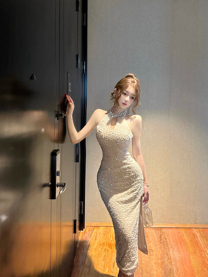 Artistic Sheath Sparkly Sequins Design Evening Maxi Dress Attractive Side Slit Cutout Halter Long Dress AP3762