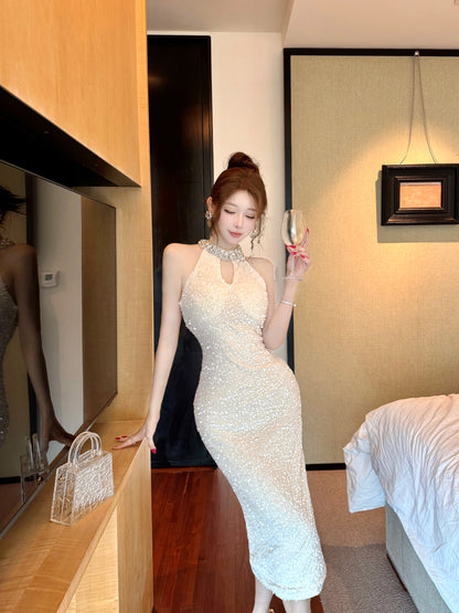 Artistic Sheath Sparkly Sequins Design Evening Maxi Dress Attractive Side Slit Cutout Halter Long Dress AP3762