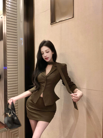Dreamy Office Outfit Bodycon 2-Piece Set Mini Skirt With Sash Vintage V-Neck Long Sleeve Short Dress AP3763