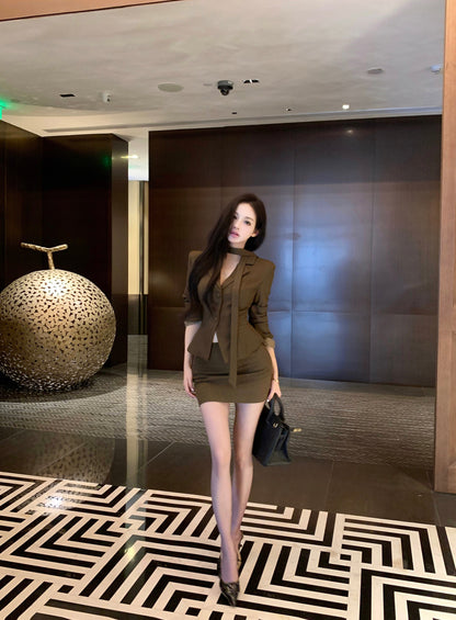 Dreamy Office Outfit Bodycon 2-Piece Set Mini Skirt With Sash Vintage V-Neck Long Sleeve Short Dress AP3763