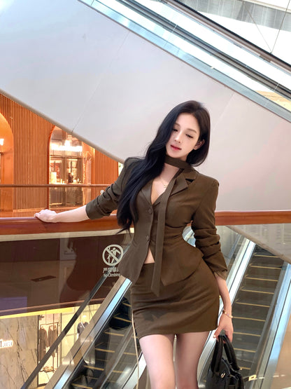 Dreamy Office Outfit Bodycon 2-Piece Set Mini Skirt With Sash Vintage V-Neck Long Sleeve Short Dress AP3763